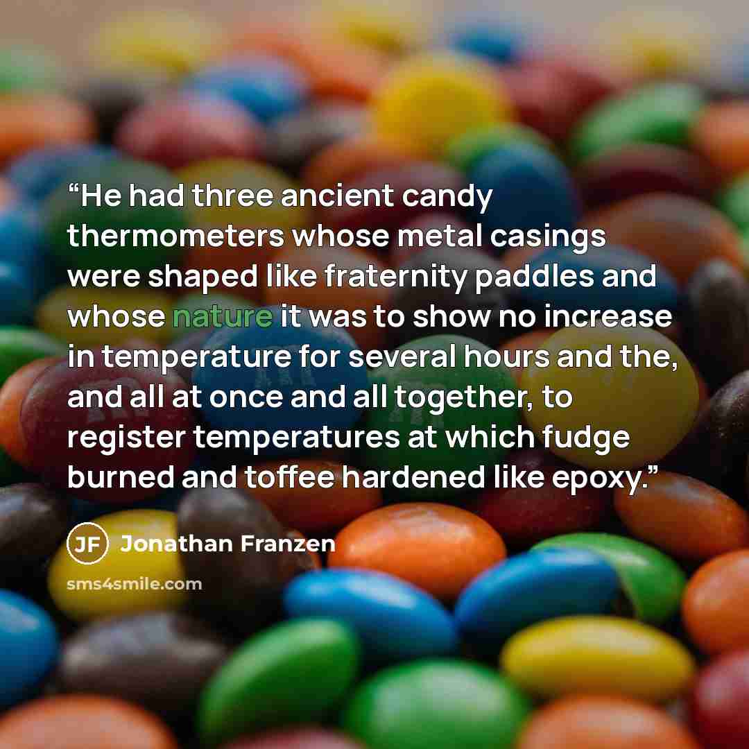 “He had three ancient candy thermometers whose metal casings were shaped like fraternity paddles and whose nature it was to show no increase in temperature for several hours and the, and all at once and all together, to register temperatures at which fudge burned and toffee hardened like epoxy.” quote by Jonathan Franzen
