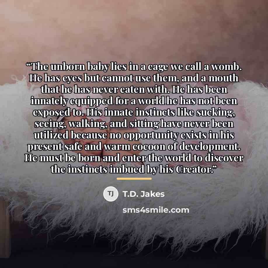 “The unborn baby lies in a cage we call a womb. He has eyes but cannot use them, and a mouth that he has never eaten with. He has been innately equipped for a world he has not been exposed to. His innate instincts like sucking, seeing, walking, and sitting have never been utilized because no…” quote by T.D. Jakes