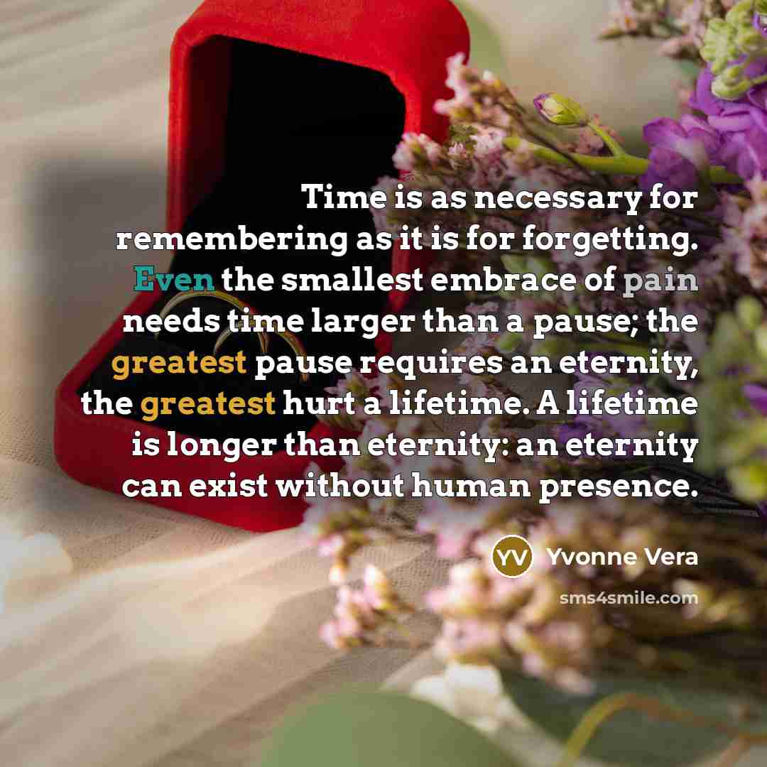 “Time is as necessary for remembering as it is for forgetting. Even the smallest embrace of pain needs time larger than a pause; the greatest pause requires an eternity, the greatest hurt a lifetime. A lifetime is longer than eternity: an eternity can exist without human presence.” quote by Yvonne Vera