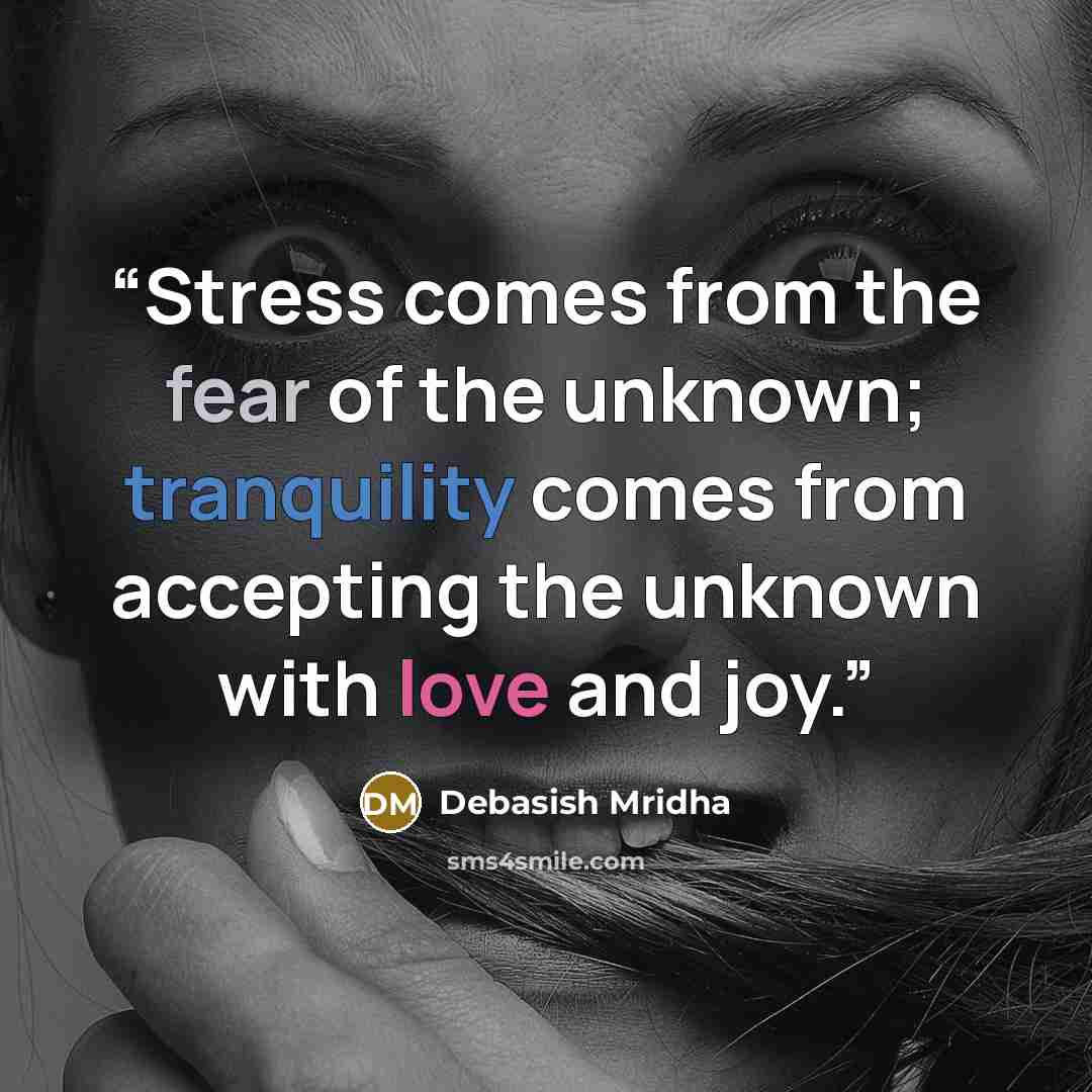“Stress comes from the fear of the unknown; tranquility comes from accepting the unknown with love and joy.” quote by Debasish Mridha