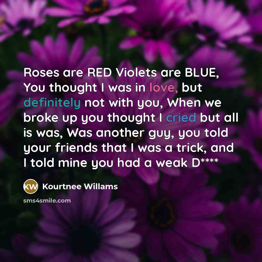 “Roses are RED Violets are BLUE, You thought I was in love, but definitely not with you, When we broke up you thought I cried but all is was, Was another guy, you told your friends that I was a trick, and I told mine you had a weak D****” quote by Kourtnee Willams