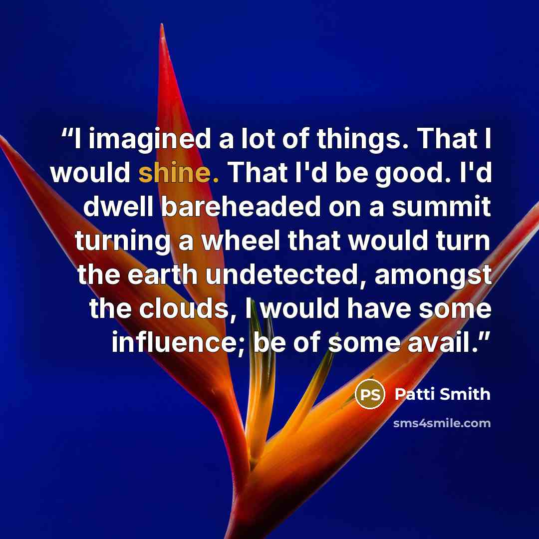 “I imagined a lot of things. That I would shine. That I'd be good. I'd dwell bareheaded on a summit turning a wheel that would turn the earth undetected, amongst the clouds, I would have some influence; be of some avail.” quote by Patti Smith