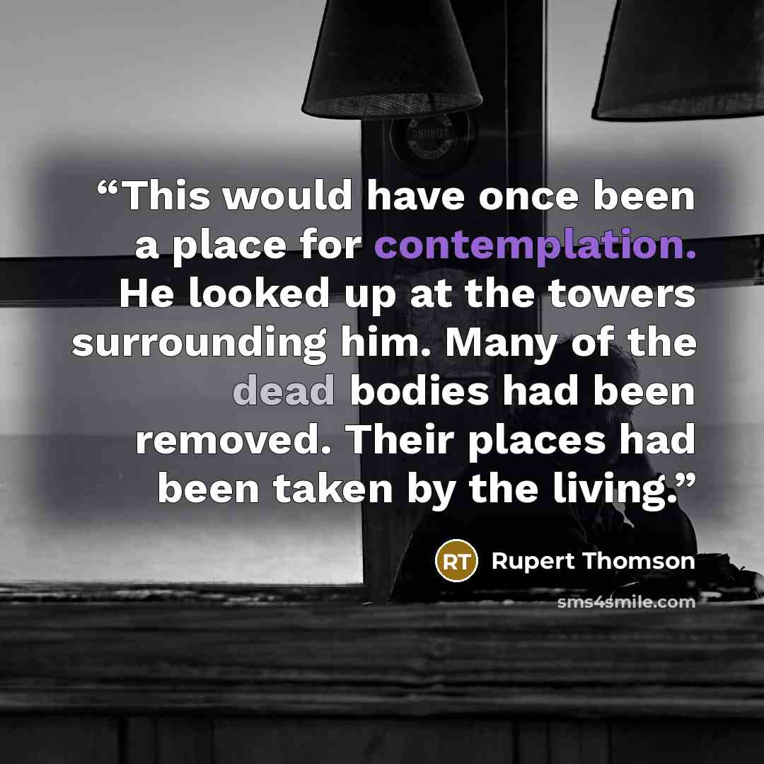 “This would have once been a place for contemplation. He looked up at the towers surrounding him. Many of the dead bodies had been removed. Their places had been taken by the living.” quote by Rupert Thomson