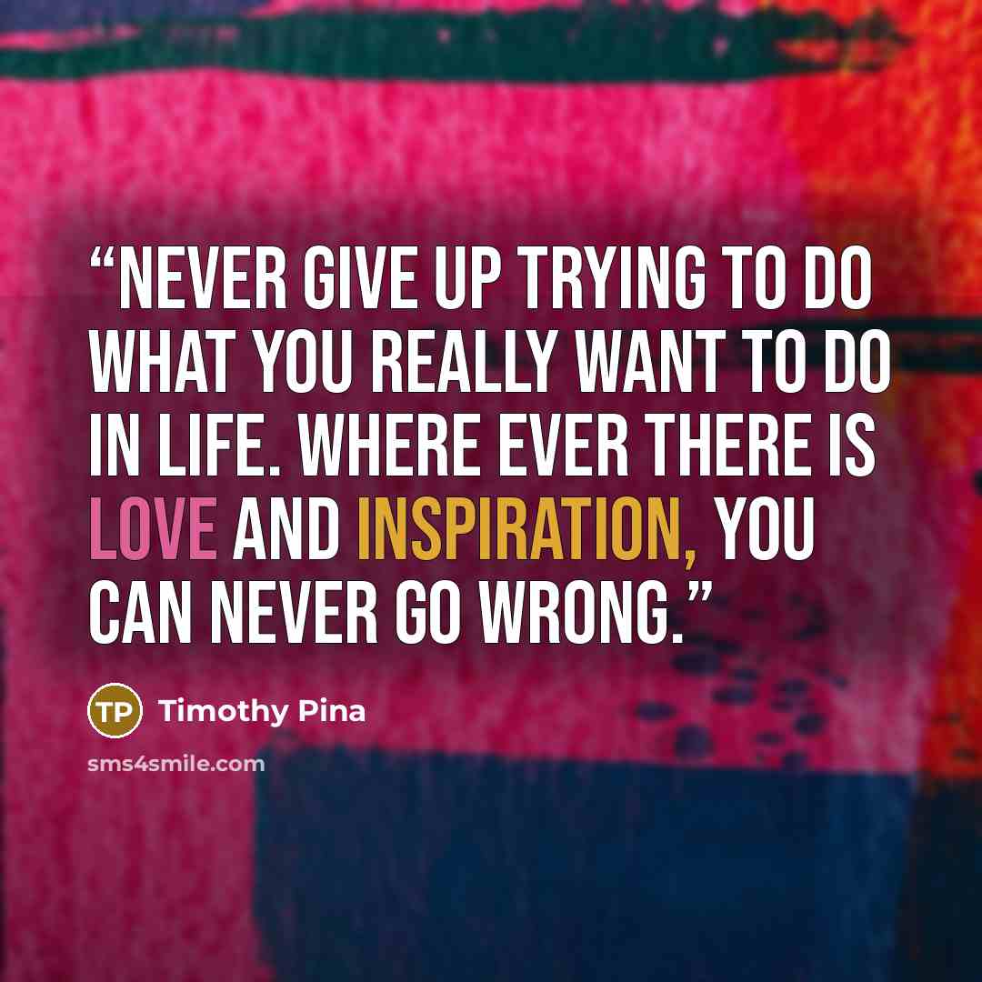 “Never give up trying to do what you really want to do in life. Where ever there is love and inspiration, you can never go wrong.” quote by Timothy Pina