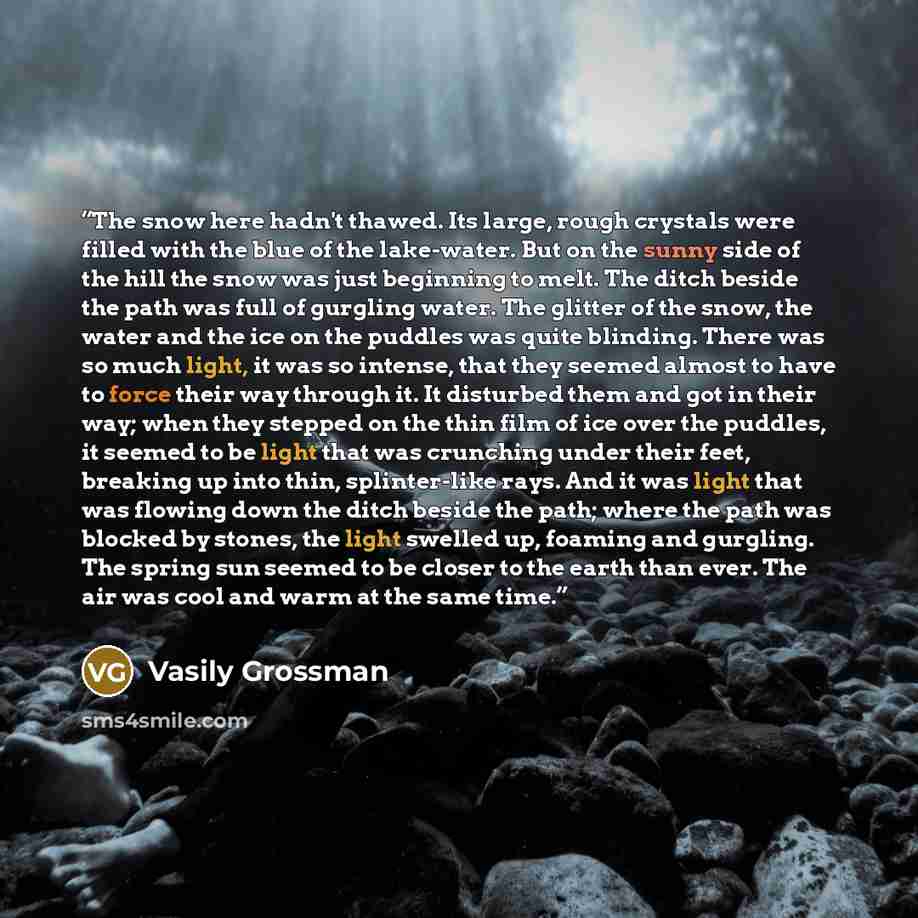 “The snow here hadn't thawed. Its large, rough crystals were filled with the blue of the lake-water. But on the sunny side of the hill the snow was just beginning to melt. The ditch beside the path was full of gurgling water. The glitter of the snow, the water and the ice on the puddles was quite…” quote by Vasily Grossman
