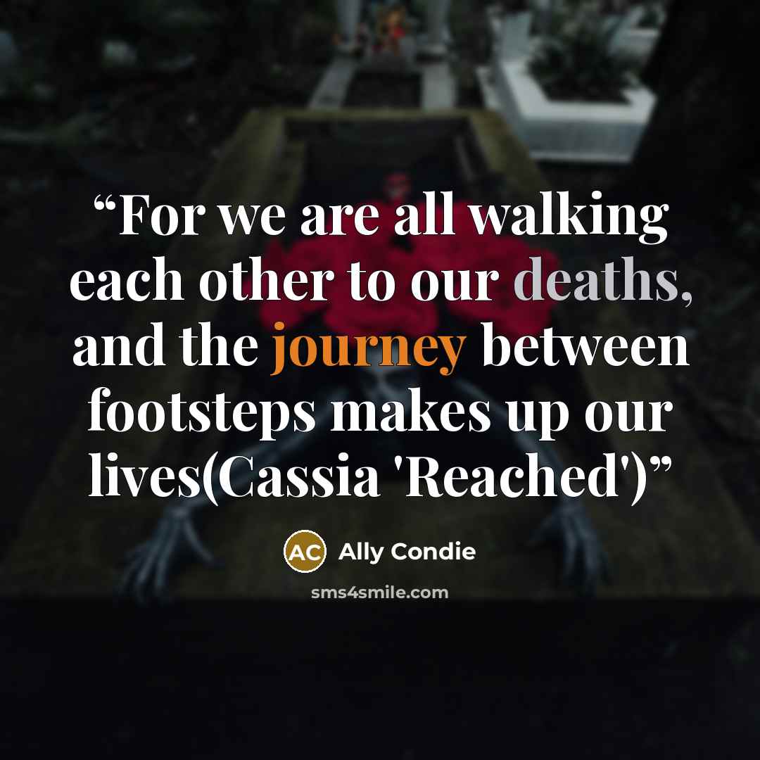 “For we are all walking each other to our deaths, and the journey between footsteps makes up our lives(Cassia 'Reached')” quote by Ally Condie