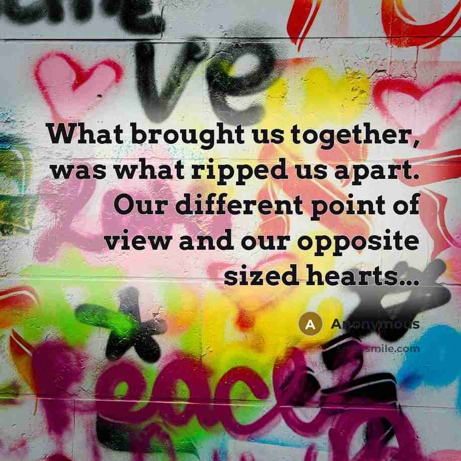 “What brought us together, was what ripped us apart. Our different point of view and our opposite sized hearts...” quote by Anonymous