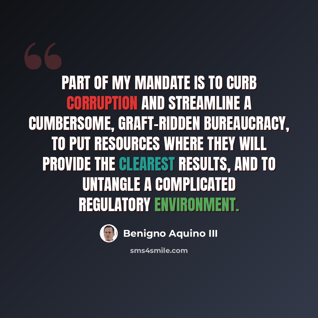 “Part of my mandate is to curb corruption and streamline a cumbersome, graft-ridden bureaucracy, to put resources where they will provide the clearest results, and to untangle a complicated regulatory environment.” quote by Benigno Aquino III