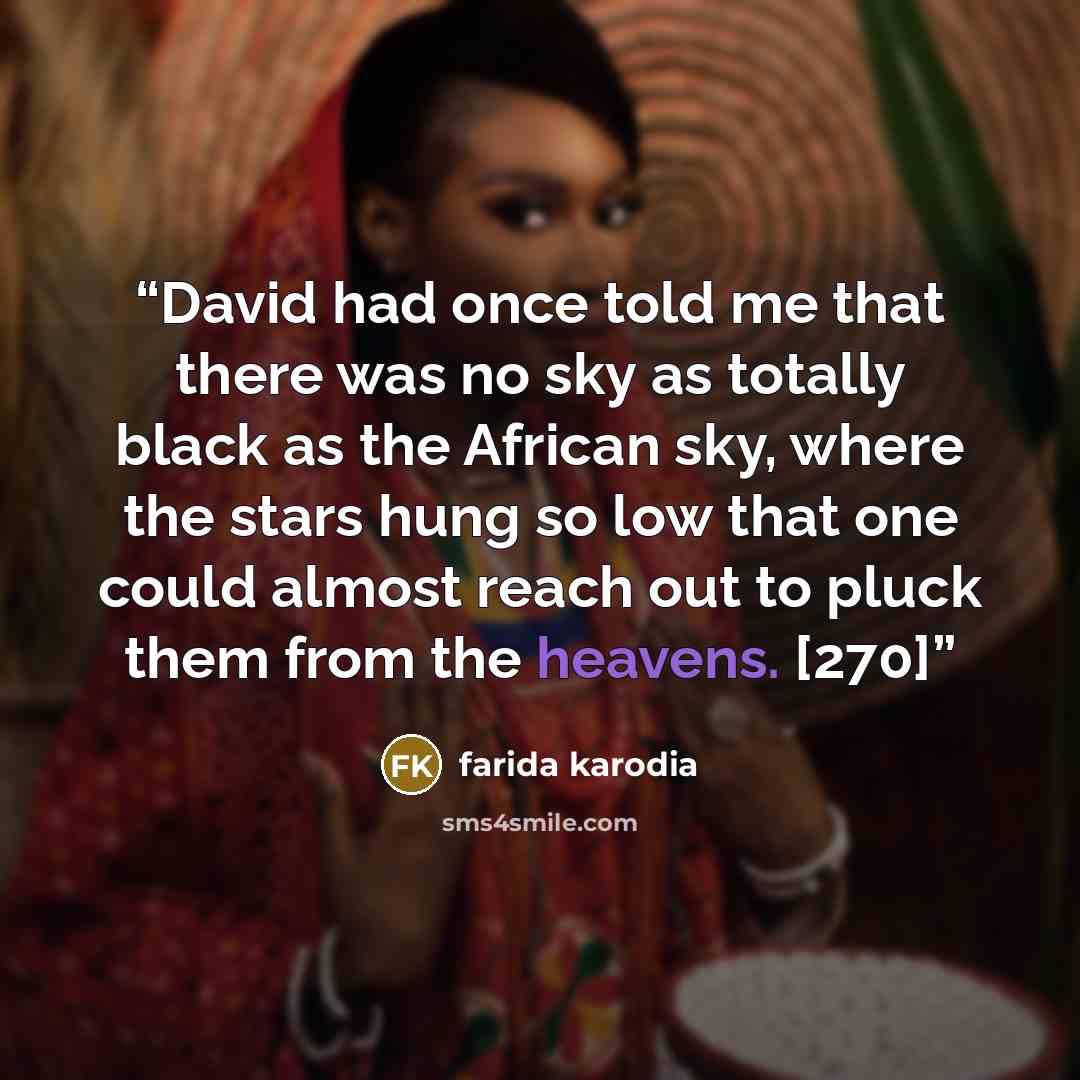 “David had once told me that there was no sky as totally black as the African sky, where the stars hung so low that one could almost reach out to pluck them from the heavens. [270]” quote by Farida Karodia