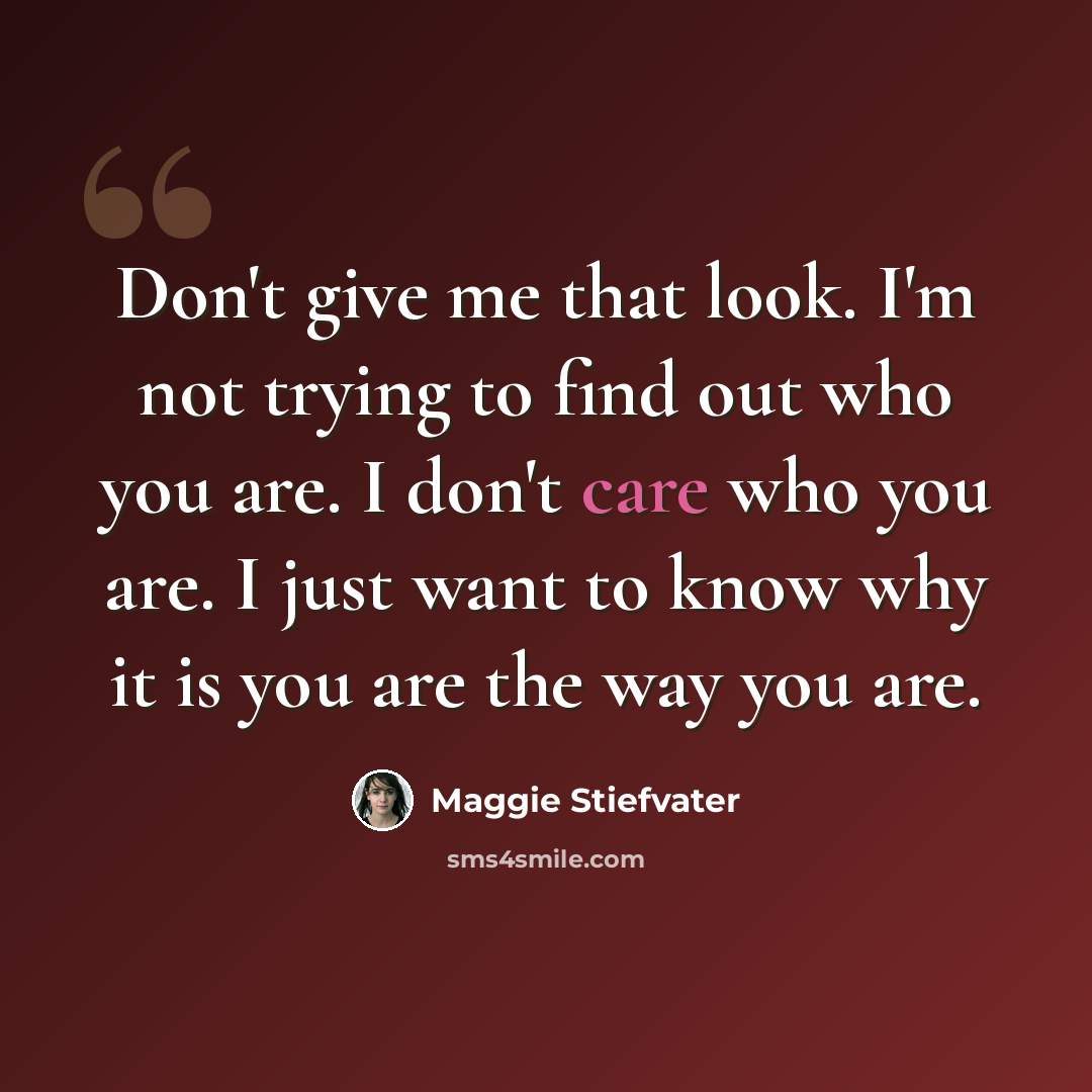 “Don't give me that look. I'm not trying to find out who you are. I don't care who you are. I just want to know why it is you are the way you are.” quote by Maggie Stiefvater