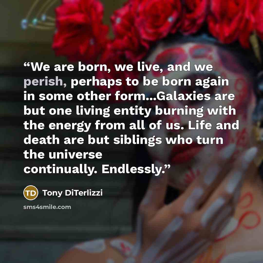 “We are born, we live, and we perish, perhaps to be born again in some other form...Galaxies are but one living entity burning with the energy from all of us. Life and death are but siblings who turn the universe continually. Endlessly.” quote by Tony DiTerlizzi