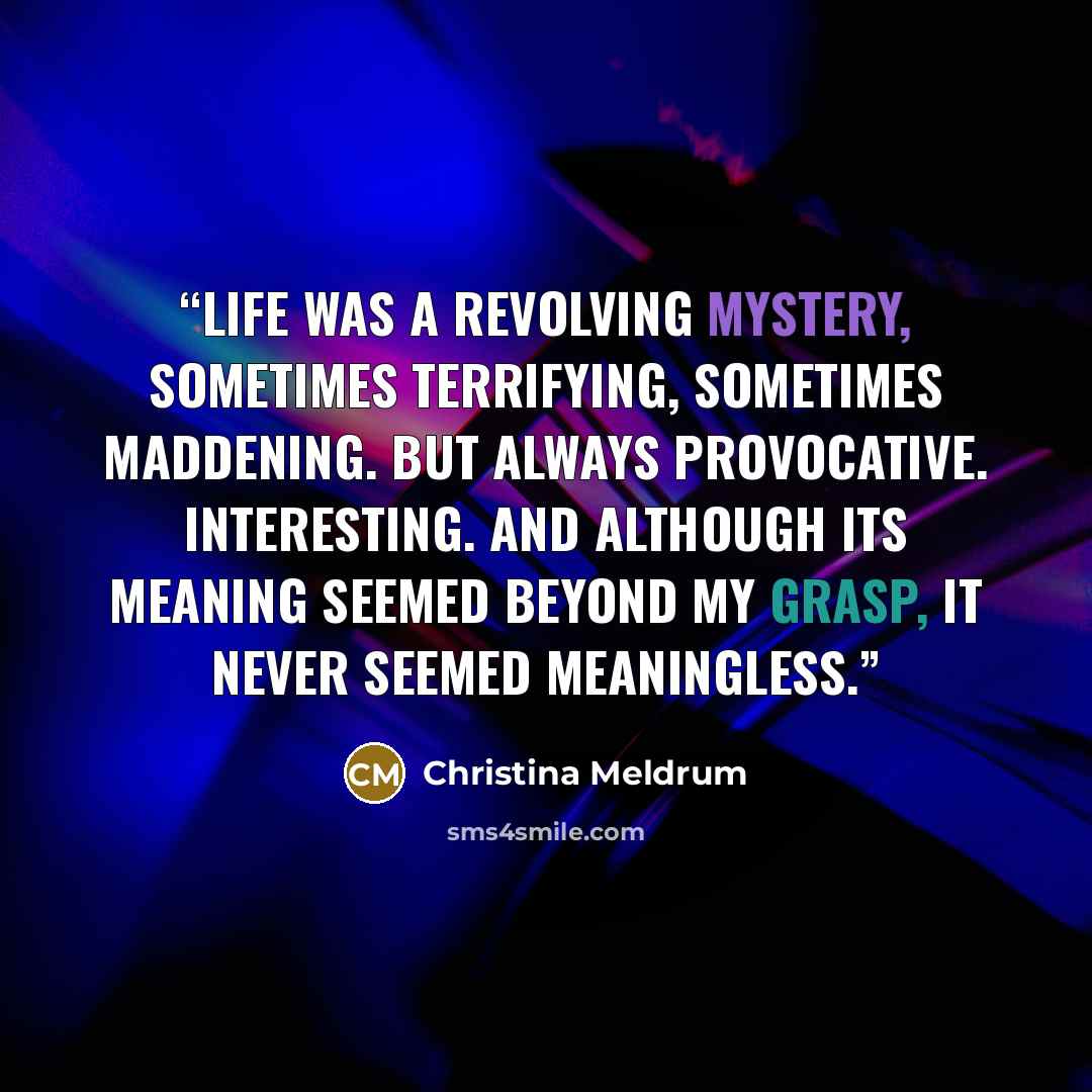 “Life was a revolving mystery, sometimes terrifying, sometimes maddening. But always provocative. Interesting. And although its meaning seemed beyond my grasp, it never seemed meaningless.” quote by Christina Meldrum