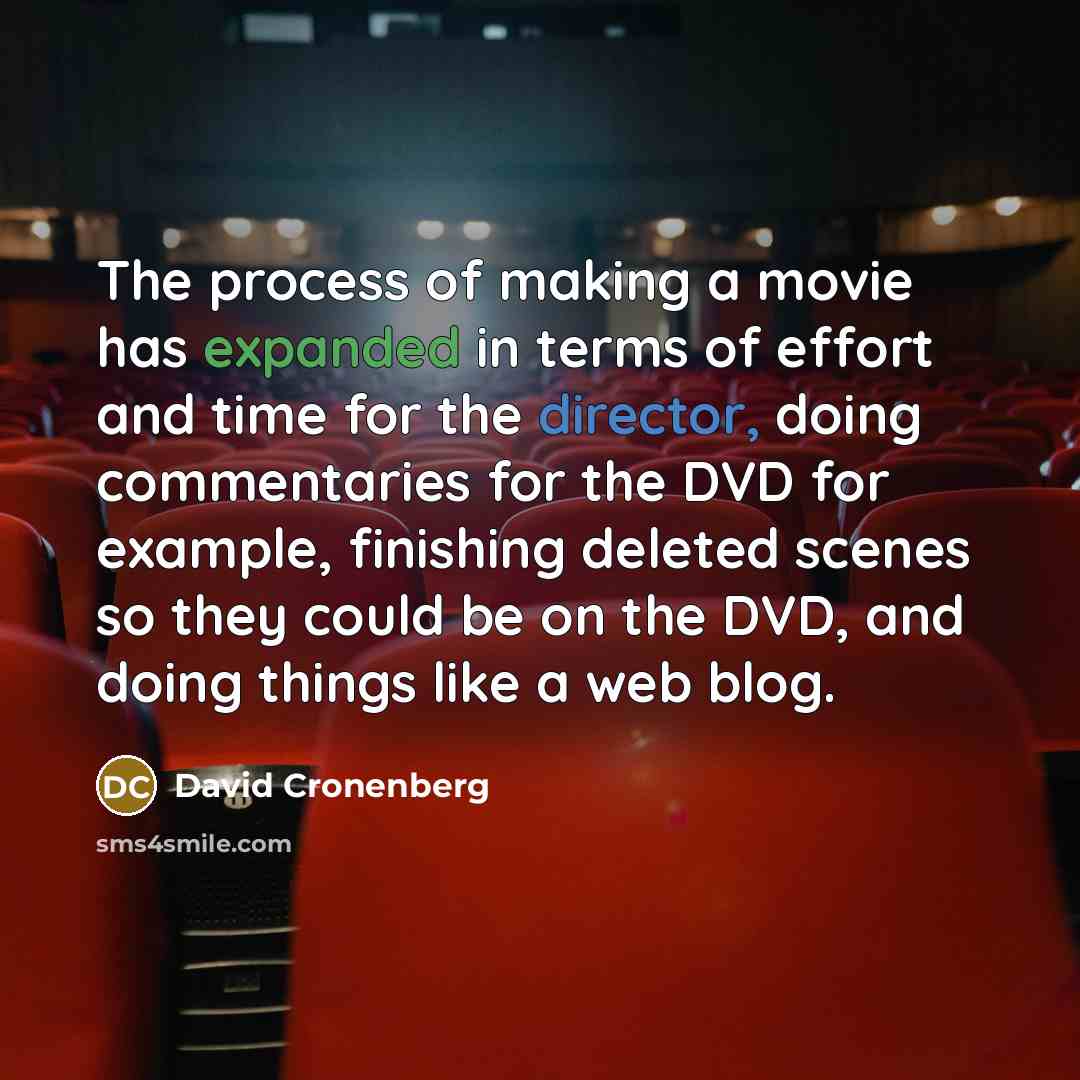 “The process of making a movie has expanded in terms of effort and time for the director, doing commentaries for the DVD for example, finishing deleted scenes so they could be on the DVD, and doing things like a web blog.” quote by David Cronenberg