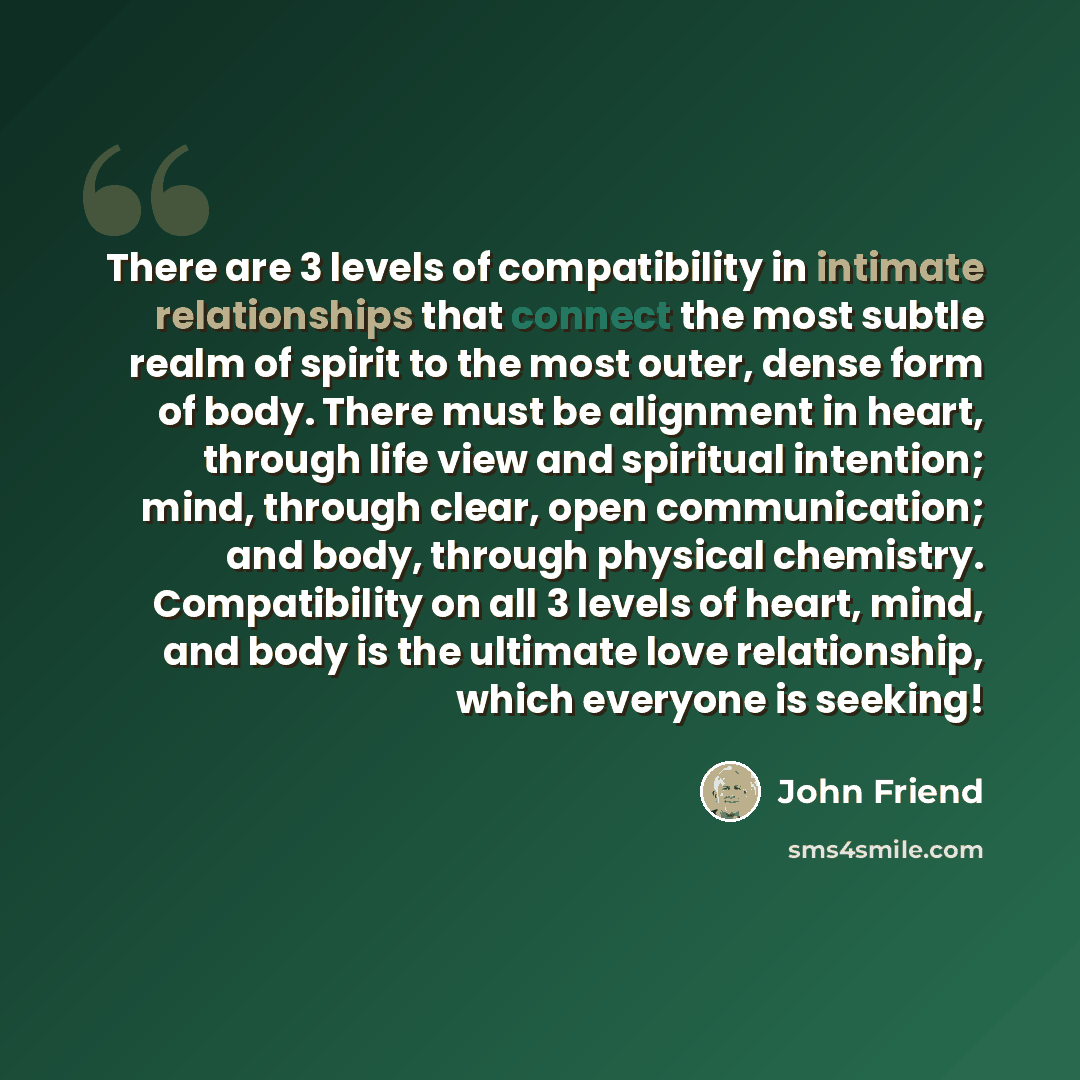 “There are 3 levels of compatibility in intimate relationships that connect the most subtle realm of spirit to the most outer, dense form of body. There must be alignment in heart, through life view and spiritual intention; mind, through clear, open communication; and body, through physical…” quote by John Friend
