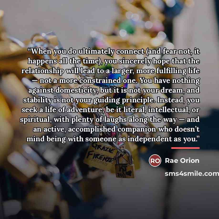 “When you do ultimately connect (and fear not, it happens all the time), you sincerely hope that the relationship will lead to a larger, more fulfilling life — not a more constrained one. You have nothing against domesticity, but it is not your dream, and stability is not your guiding principle…” quote by Rae Orion