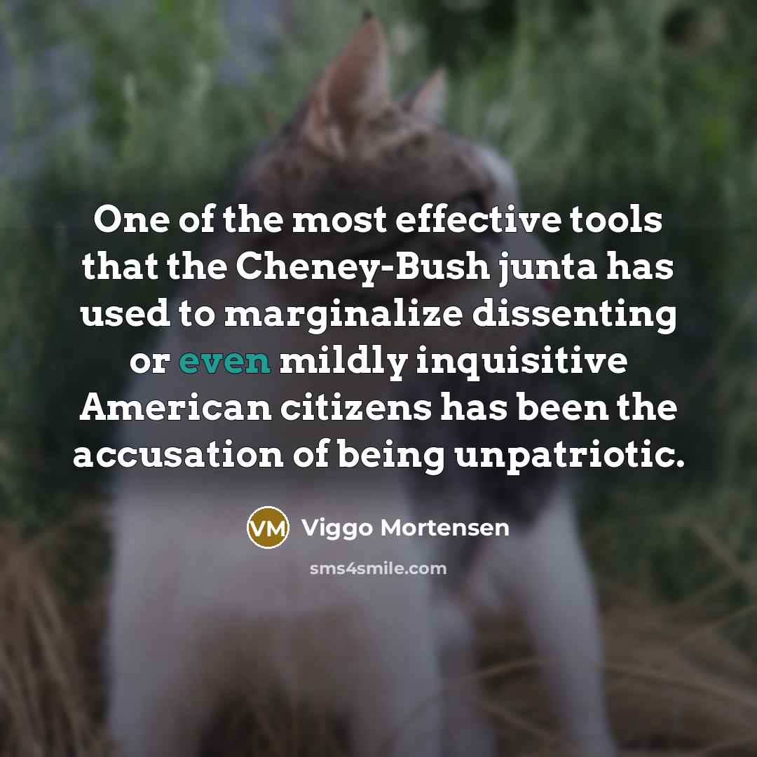 “One of the most effective tools that the Cheney-Bush junta has used to marginalize dissenting or even mildly inquisitive American citizens has been the accusation of being unpatriotic.” quote by Viggo Mortensen
