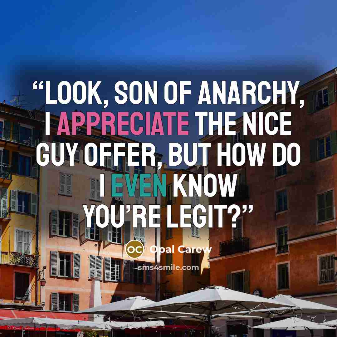 “Look, Son of Anarchy, I appreciate the nice guy offer, but how do I even know you’re legit?” quote by Opal Carew