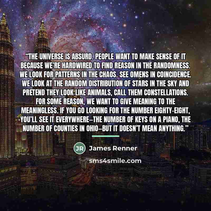 “The universe is absurd. People want to make sense of it because we’re hardwired to find reason in the randomness. We look for patterns in the chaos. See omens in coincidence. We look at the random distribution of stars in the sky and pretend they look like animals, call them constellations. For…” quote by James Renner