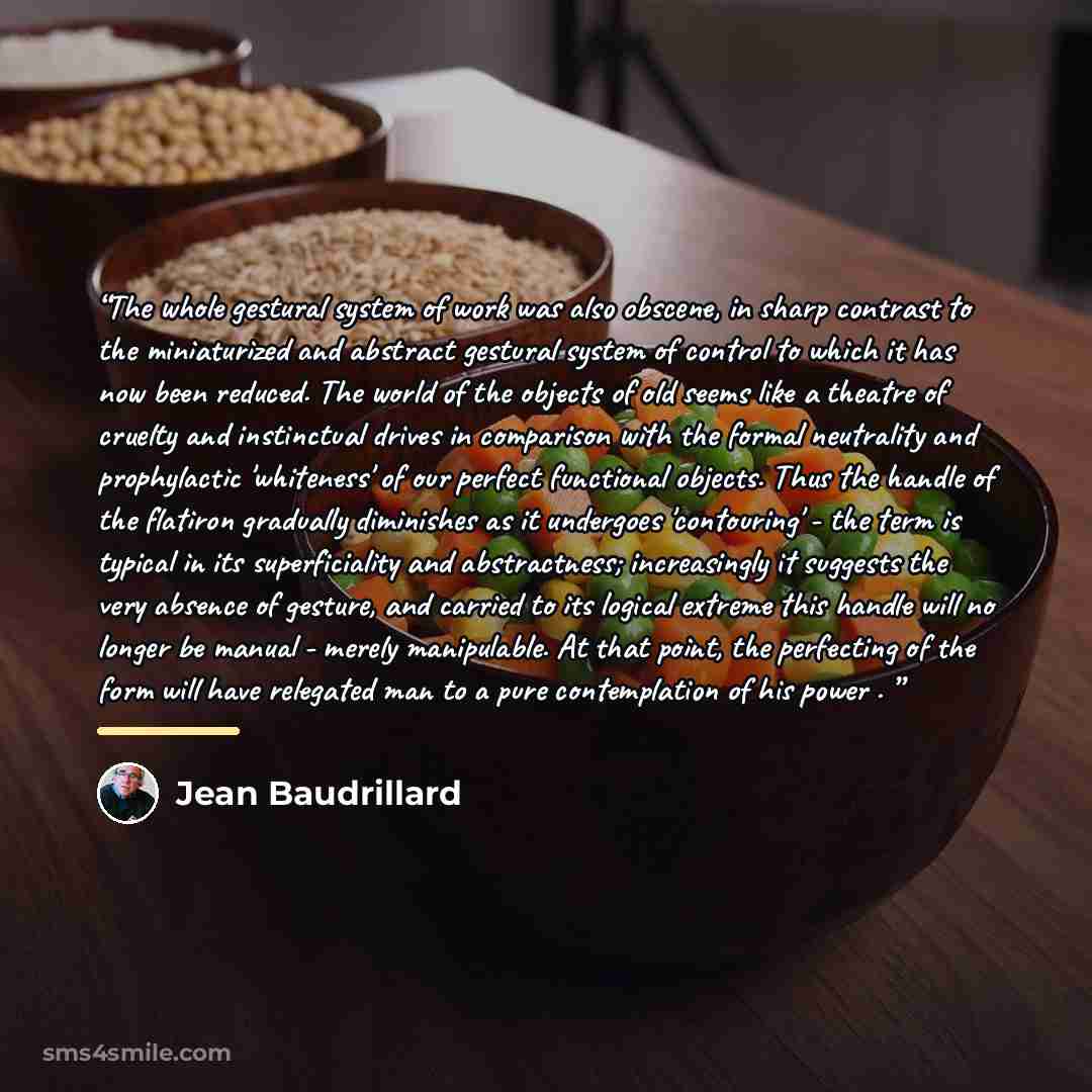 “The whole gestural system of work was also obscene, in sharp contrast to the miniaturized and abstract gestural system of control to which it has now been reduced. The world of the objects of old seems like a theatre of cruelty and instinctual drives in comparison with the formal neutrality and…” quote by Jean Baudrillard