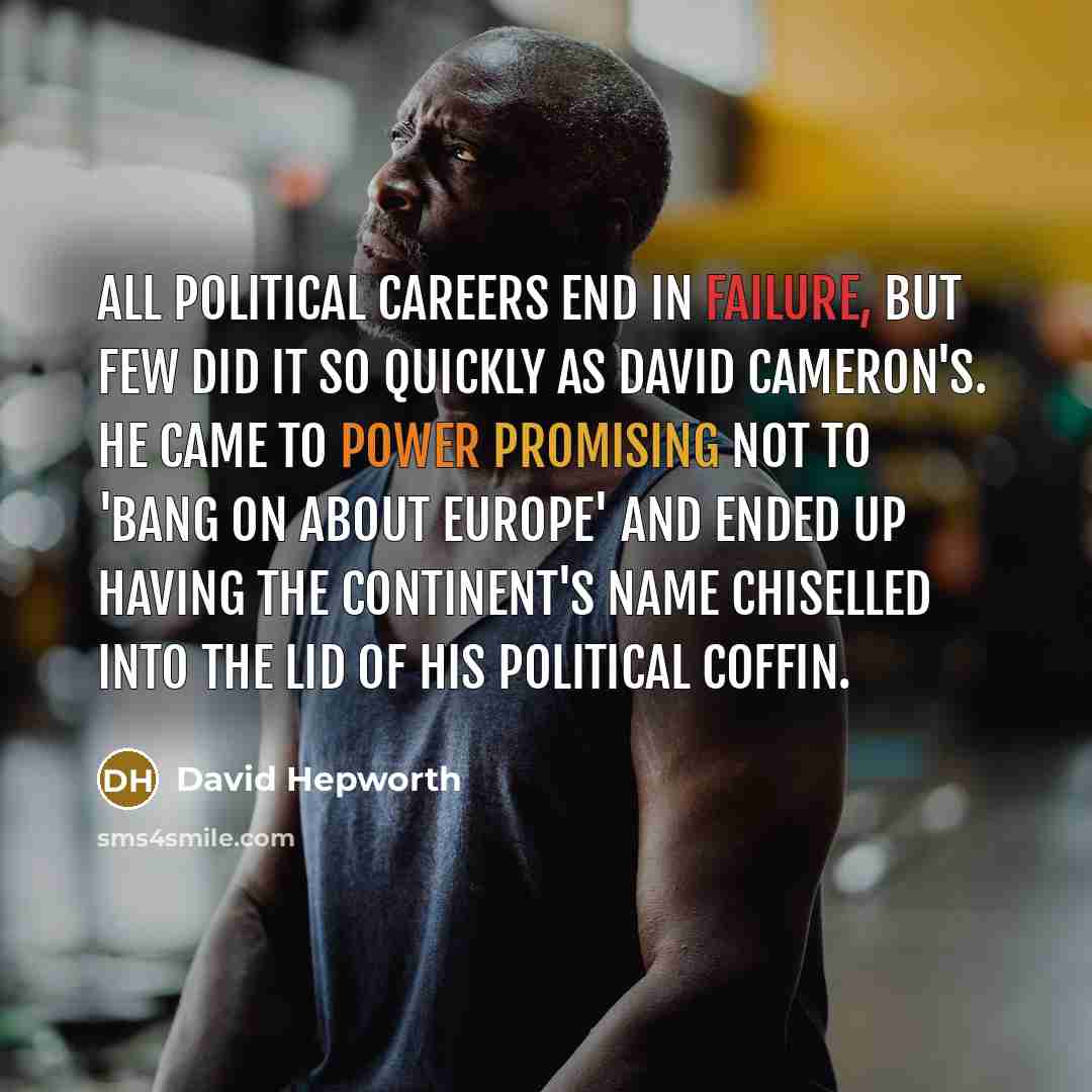 “All political careers end in failure, but few did it so quickly as David Cameron's. He came to power promising not to 'bang on about Europe' and ended up having the continent's name chiselled into the lid of his political coffin.” quote by David Hepworth