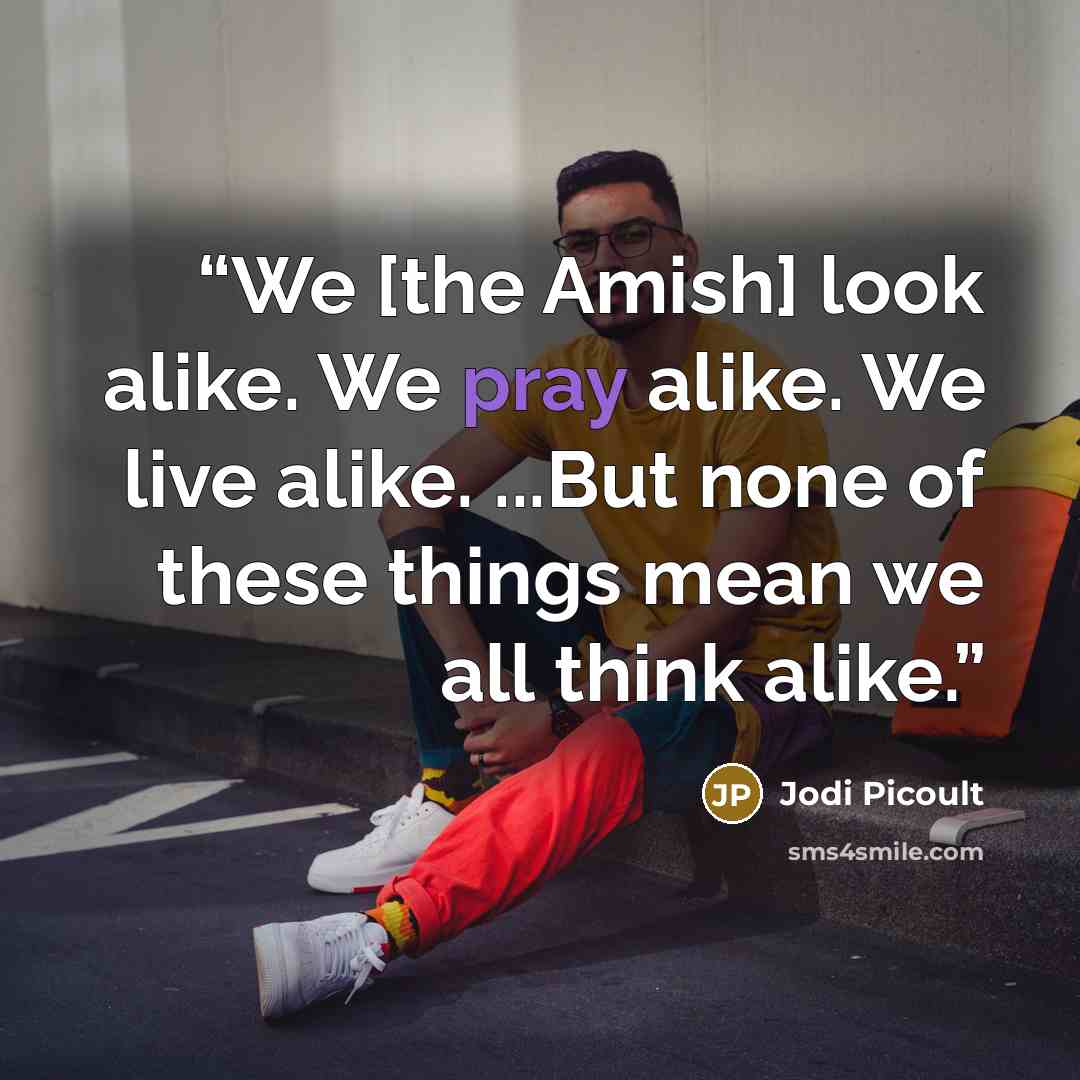 “We [the Amish] look alike. We pray alike. We live alike. ...But none of these things mean we all think alike.” quote by Jodi Picoult