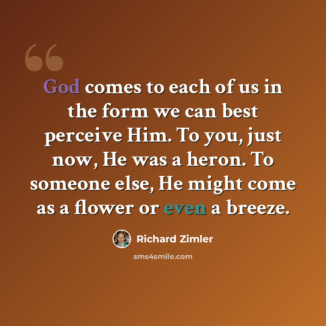 “God comes to each of us in the form we can best perceive Him. To you, just now, He was a heron. To someone else, He might come as a flower or even a breeze.” quote by Richard Zimler
