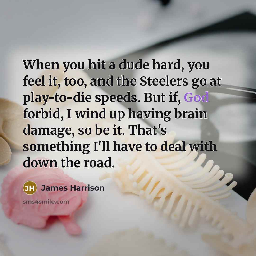 “When you hit a dude hard, you feel it, too, and the Steelers go at play-to-die speeds. But if, God forbid, I wind up having brain damage, so be it. That's something I'll have to deal with down the road.” quote by James Harrison