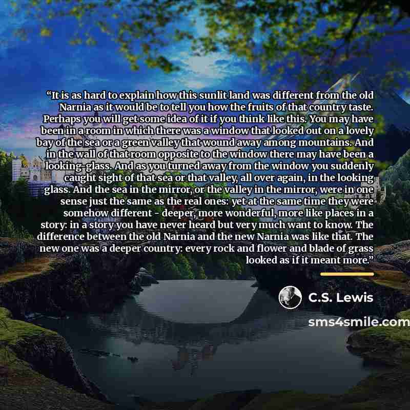 “It is as hard to explain how this sunlit land was different from the old Narnia as it would be to tell you how the fruits of that country taste. Perhaps you will get some idea of it if you think like this. You may have been in a room in which there was a window that looked out on a lovely bay of…” quote by C.S. Lewis