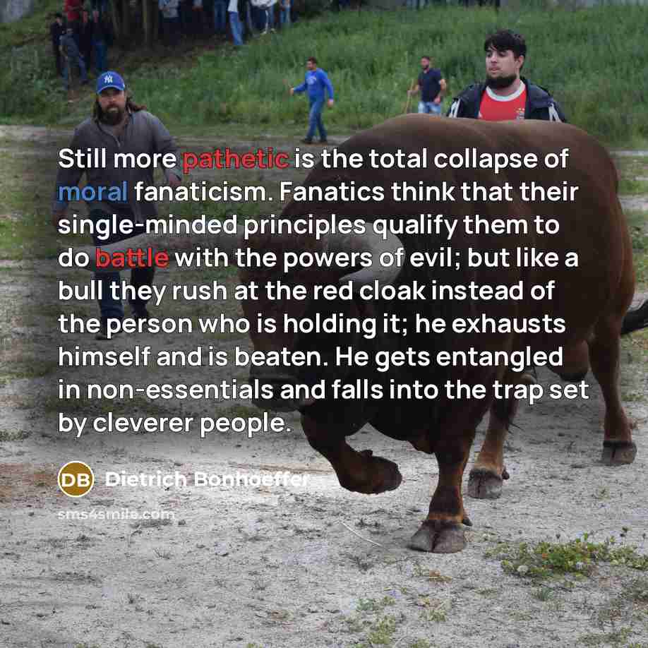 “Still more pathetic is the total collapse of moral fanaticism. Fanatics think that their single-minded principles qualify them to do battle with the powers of evil; but like a bull they rush at the red cloak instead of the person who is holding it; he exhausts himself and is beaten. He gets…” quote by Dietrich Bonhoeffer