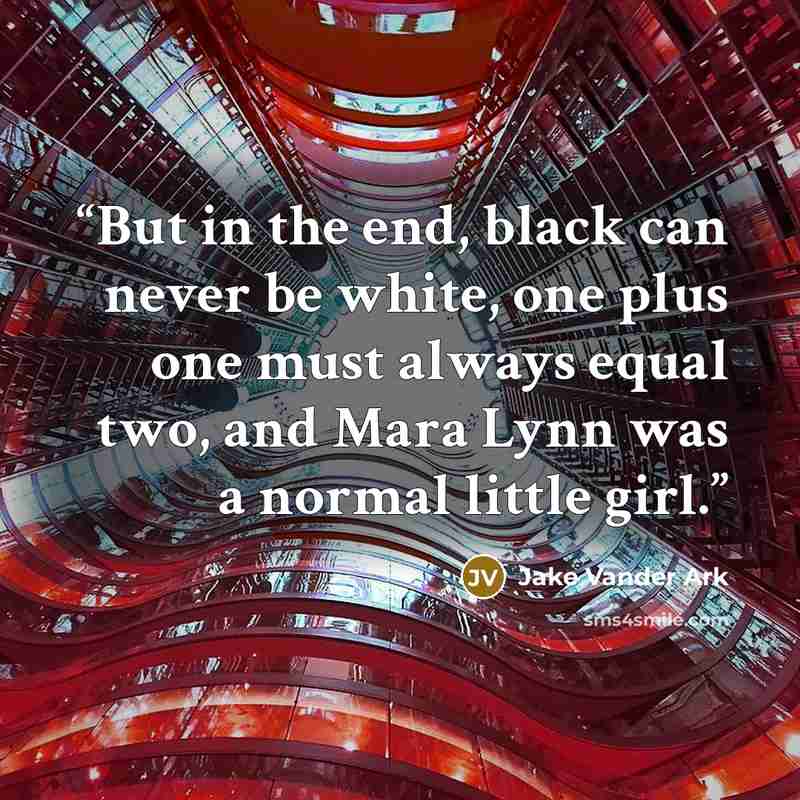 “But in the end, black can never be white, one plus one must always equal two, and Mara Lynn was a normal little girl.” quote by Jake Vander Ark