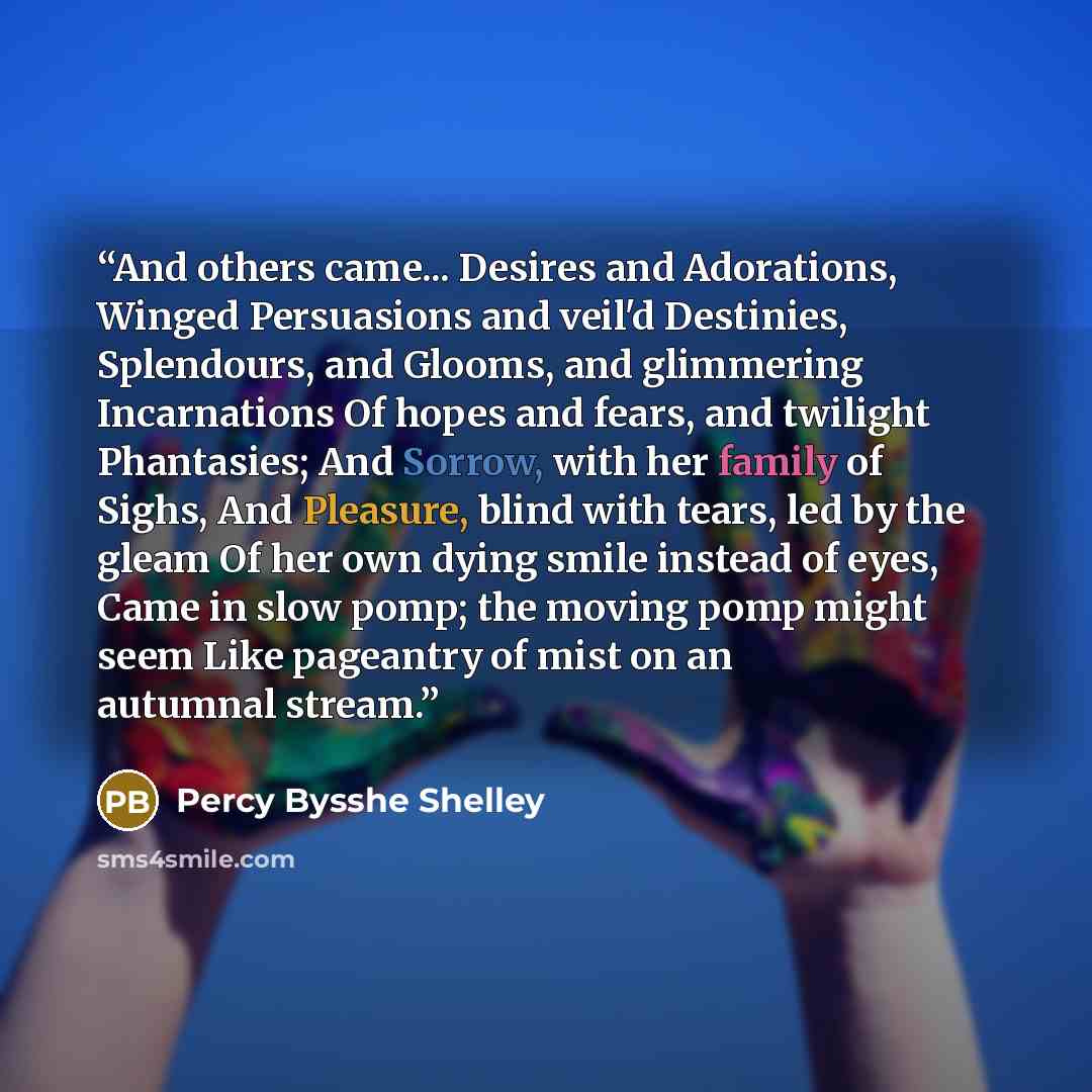 “And others came... Desires and Adorations, Winged Persuasions and veil'd Destinies, Splendours, and Glooms, and glimmering Incarnations Of hopes and fears, and twilight Phantasies; And Sorrow, with her family of Sighs, And Pleasure, blind with tears, led by the gleam Of her own dying smile instead…” quote by Percy Bysshe Shelley