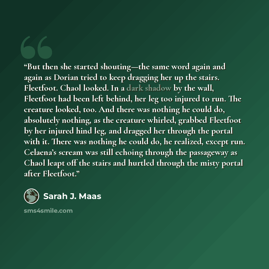 “But then she started shouting—the same word again and again as Dorian tried to keep dragging her up the stairs. Fleetfoot. Chaol looked. In a dark shadow by the wall, Fleetfoot had been left behind, her leg too injured to run. The creature looked, too. And there was nothing he could do, absolutely…” quote by Sarah J. Maas