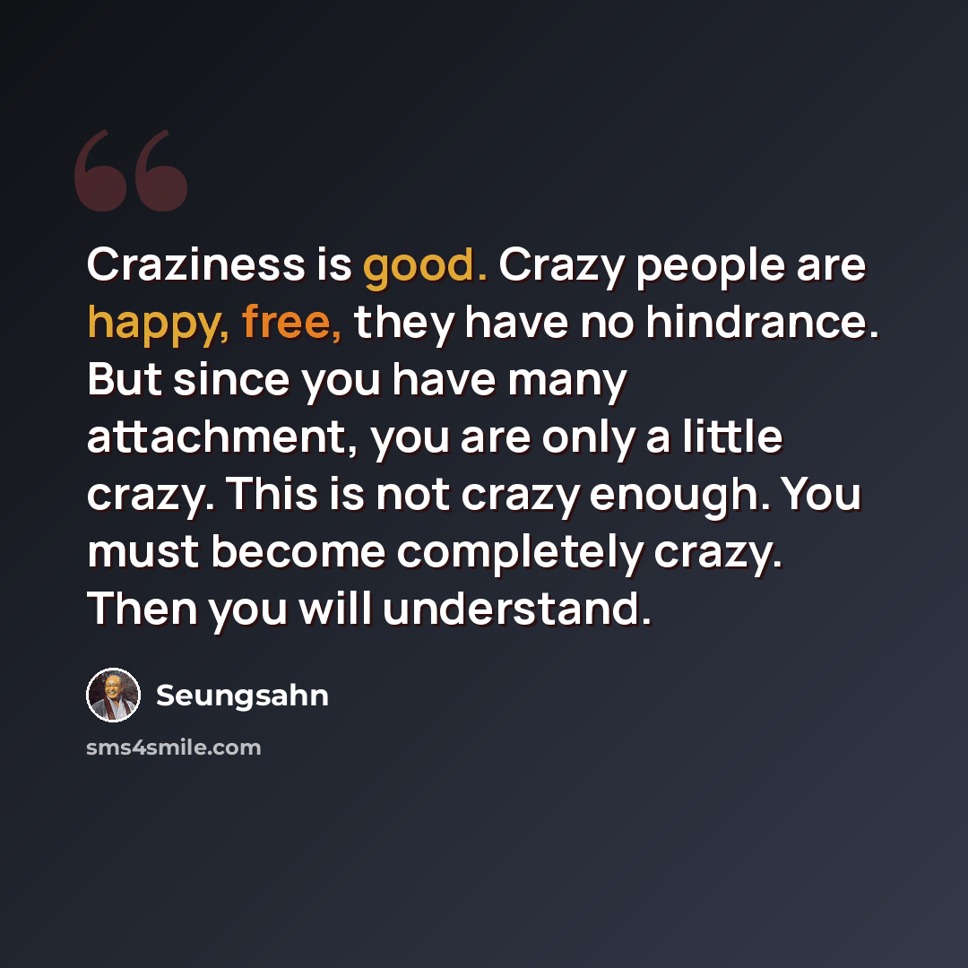 “Craziness is good. Crazy people are happy, free, they have no hindrance. But since you have many attachment, you are only a little crazy. This is not crazy enough. You must become completely crazy. Then you will understand.” quote by Seungsahn