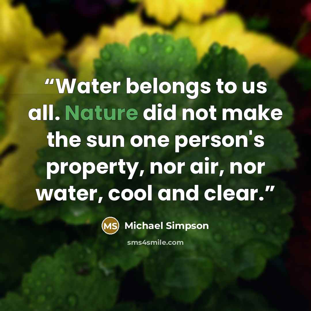 “Water belongs to us all. Nature did not make the sun one person's property, nor air, nor water, cool and clear.” quote by Michael Simpson