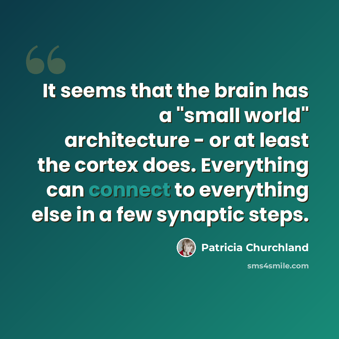 “It seems that the brain has a "small world" architecture - or at least the cortex does. Everything can connect to everything else in a few synaptic steps.” quote by Patricia Churchland