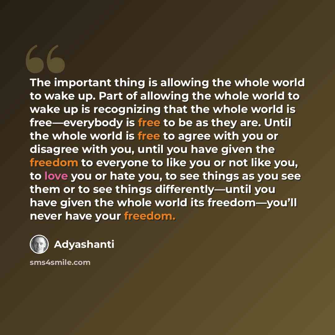 “The important thing is allowing the whole world to wake up. Part of allowing the whole world to wake up is recognizing that the whole world is free—everybody is free to be as they are. Until the whole world is free to agree with you or disagree with you, until you have given the freedom to…” quote by Adyashanti