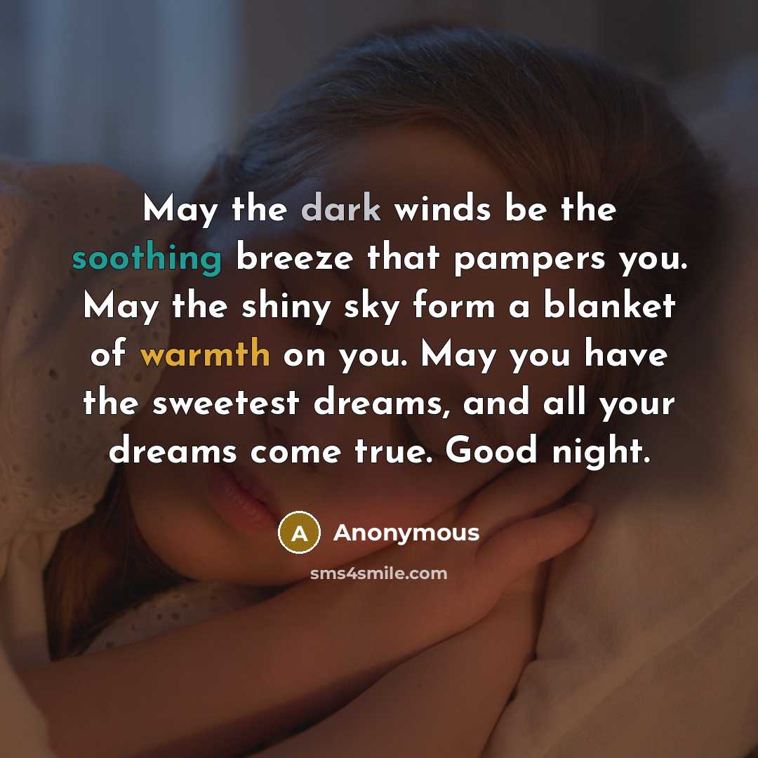 “May the dark winds be the soothing breeze that pampers you. May the shiny sky form a blanket of warmth on you. May you have the sweetest dreams, and all your dreams come true. Good night.” quote by Anonymous