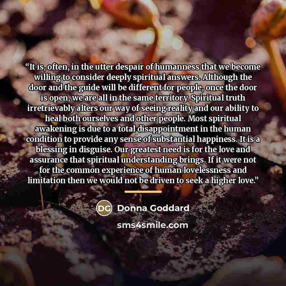 “It is, often, in the utter despair of humanness that we become willing to consider deeply spiritual answers. Although the door and the guide will be different for people, once the door is open, we are all in the same territory. Spiritual truth irretrievably alters our way of seeing reality and our…” quote by Donna Goddard