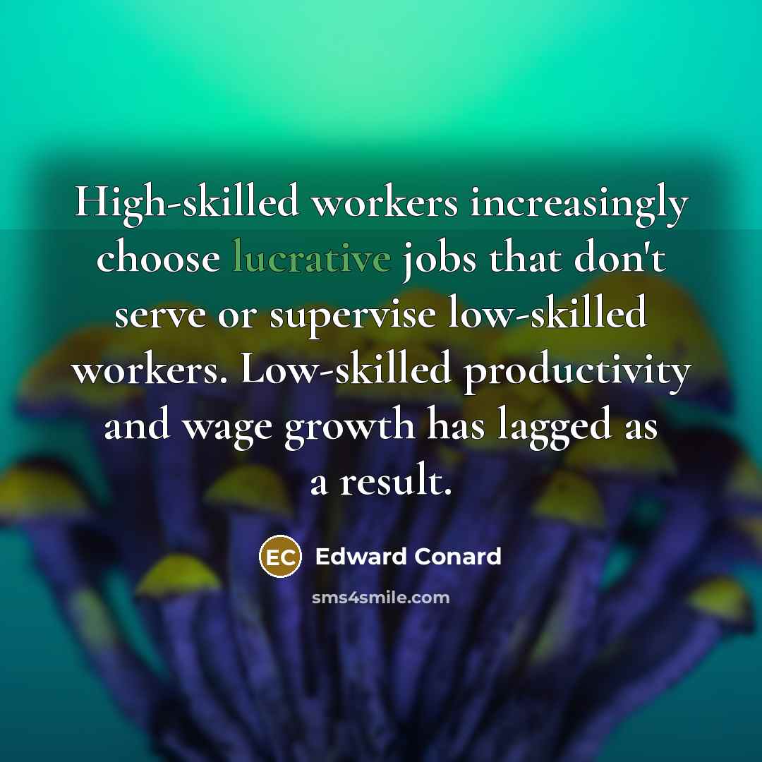 “High-skilled workers increasingly choose lucrative jobs that don't serve or supervise low-skilled workers. Low-skilled productivity and wage growth has lagged as a result.” quote by Edward Conard