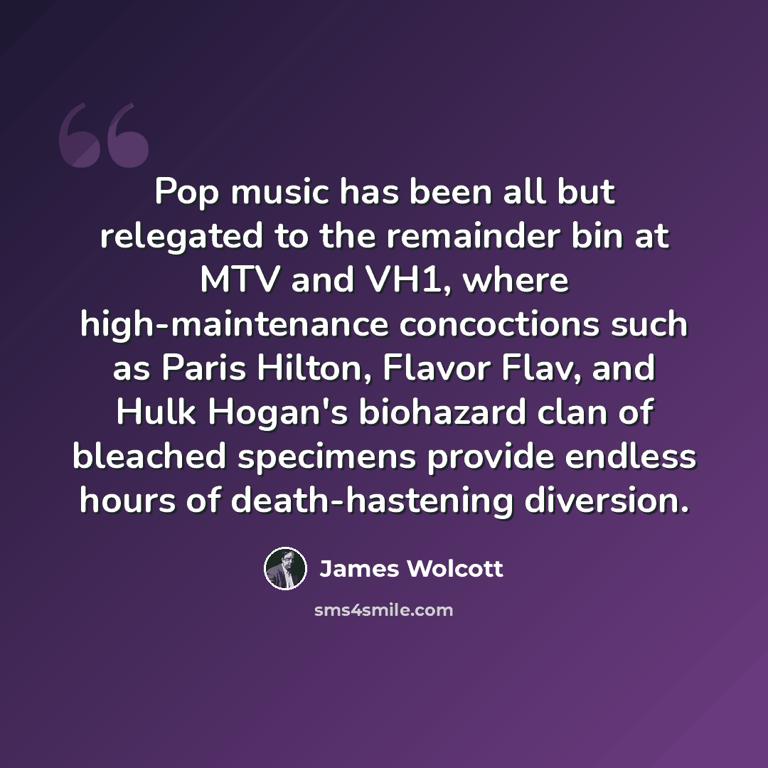 “Pop music has been all but relegated to the remainder bin at MTV and VH1, where high-maintenance concoctions such as Paris Hilton, Flavor Flav, and Hulk Hogan's biohazard clan of bleached specimens provide endless hours of death-hastening diversion.” quote by James Wolcott