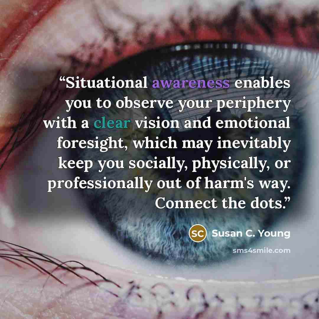 “Situational awareness enables you to observe your periphery with a clear vision and emotional foresight, which may inevitably keep you socially, physically, or professionally out of harm's way. Connect the dots.” quote by Susan C. Young