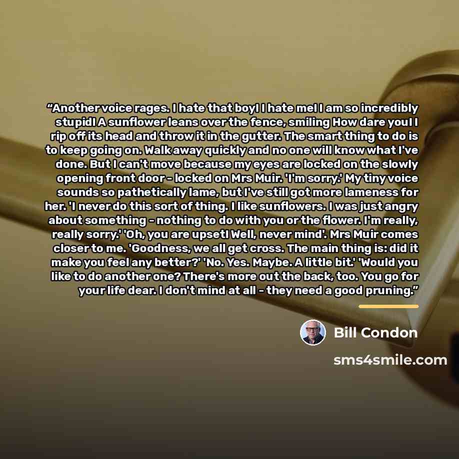 “Another voice rages. I hate that boy! I hate me! I am so incredibly stupid! A sunflower leans over the fence, smiling How dare you! I rip off its head and throw it in the gutter. The smart thing to do is to keep going on. Walk away quickly and no one will know what I've done. But I can't move…” quote by Bill Condon