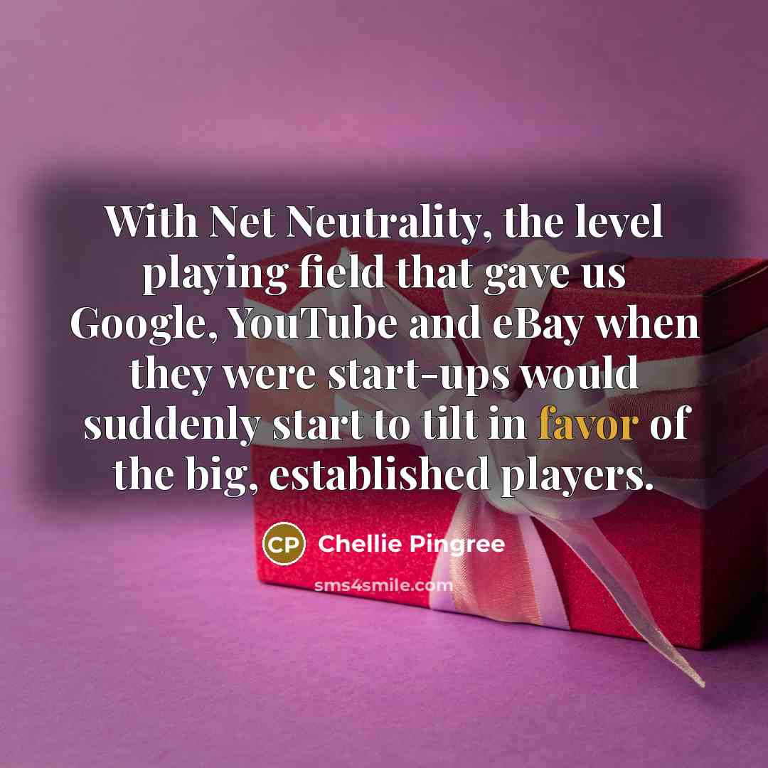 “With Net Neutrality, the level playing field that gave us Google, YouTube and eBay when they were start-ups would suddenly start to tilt in favor of the big, established players.” quote by Chellie Pingree