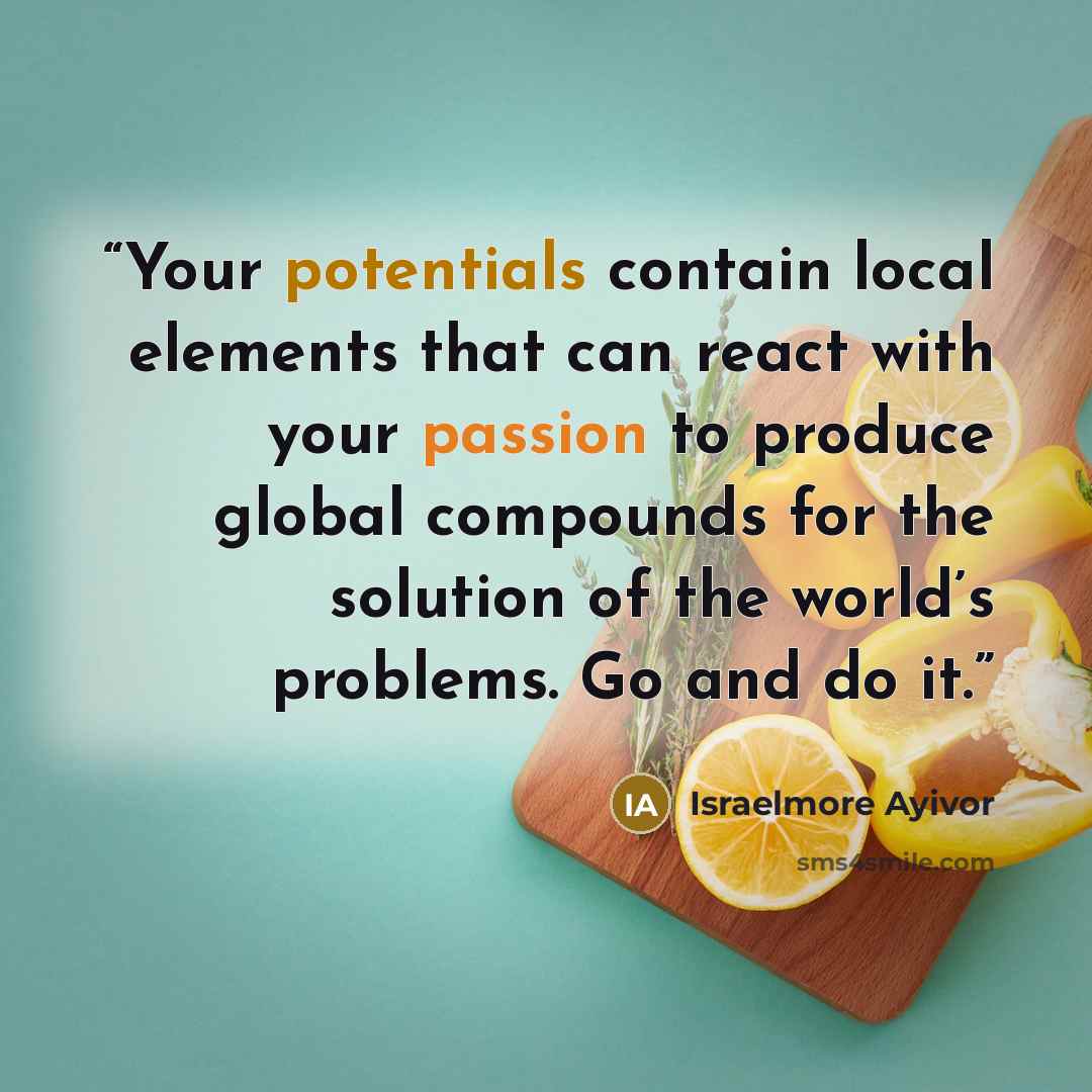 “Your potentials contain local elements that can react with your passion to produce global compounds for the solution of the world’s problems. Go and do it.” quote by Israelmore Ayivor