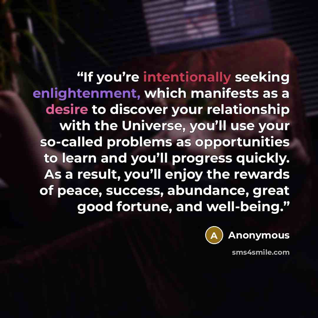 “If you’re intentionally seeking enlightenment, which manifests as a desire to discover your relationship with the Universe, you’ll use your so-called problems as opportunities to learn and you’ll progress quickly. As a result, you’ll enjoy the rewards of peace, success, abundance, great good…” quote by Anonymous