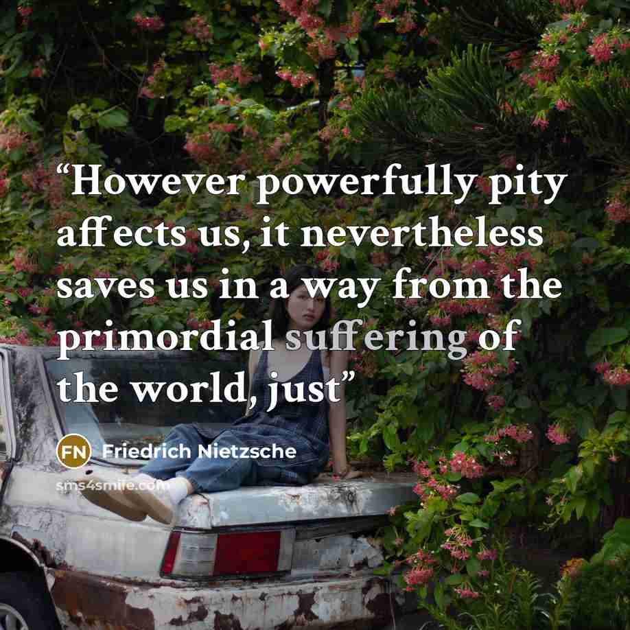 “However powerfully pity affects us, it nevertheless saves us in a way from the primordial suffering of the world, just” quote by Friedrich Nietzsche