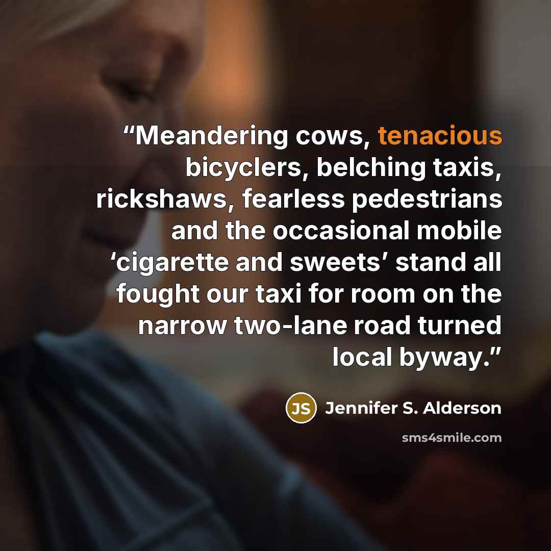 “Meandering cows, tenacious bicyclers, belching taxis, rickshaws, fearless pedestrians and the occasional mobile ‘cigarette and sweets’ stand all fought our taxi for room on the narrow two-lane road turned local byway.” quote by Jennifer S. Alderson