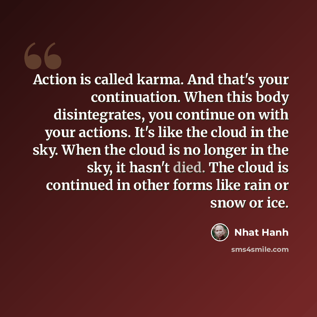 “Action is called karma. And that's your continuation. When this body disintegrates, you continue on with your actions. It's like the cloud in the sky. When the cloud is no longer in the sky, it hasn't died. The cloud is continued in other forms like rain or snow or ice.” quote by Nhat Hanh