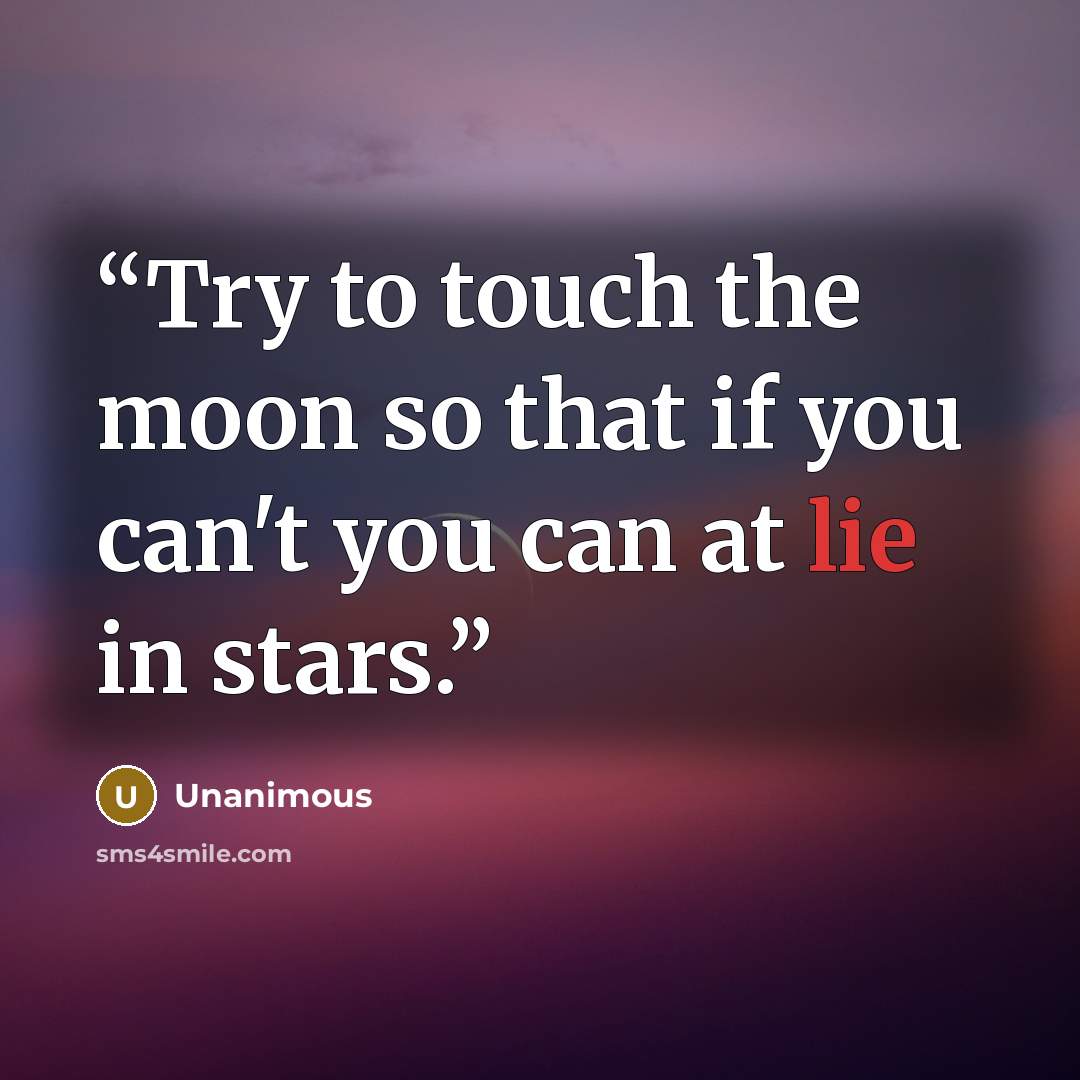 “Try to touch the moon so that if you can't you can at lie in stars.” quote by Unanimous