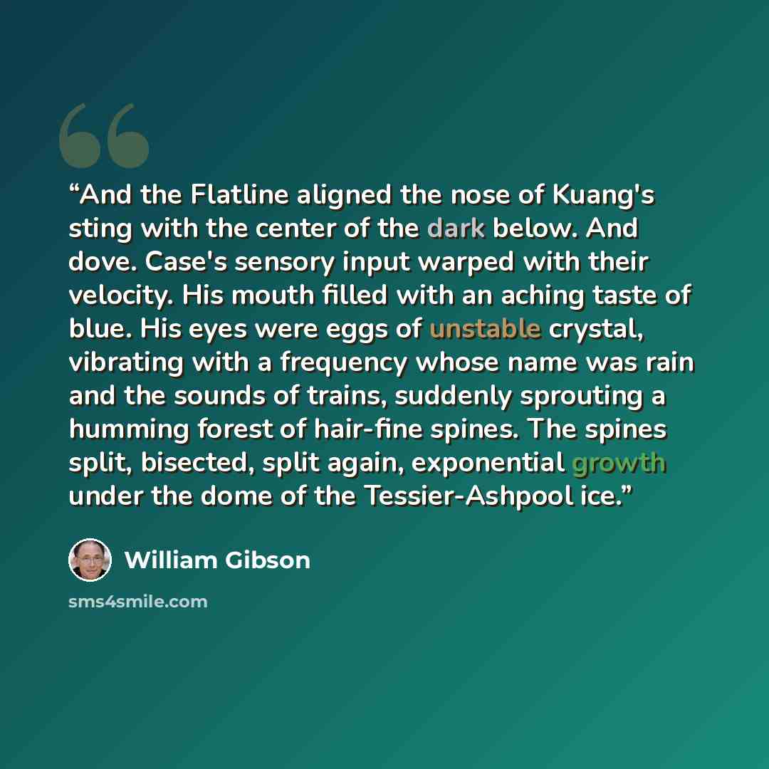 “And the Flatline aligned the nose of Kuang's sting with the center of the dark below. And dove. Case's sensory input warped with their velocity. His mouth filled with an aching taste of blue. His eyes were eggs of unstable crystal, vibrating with a frequency whose name was rain and the sounds of…” quote by William Gibson